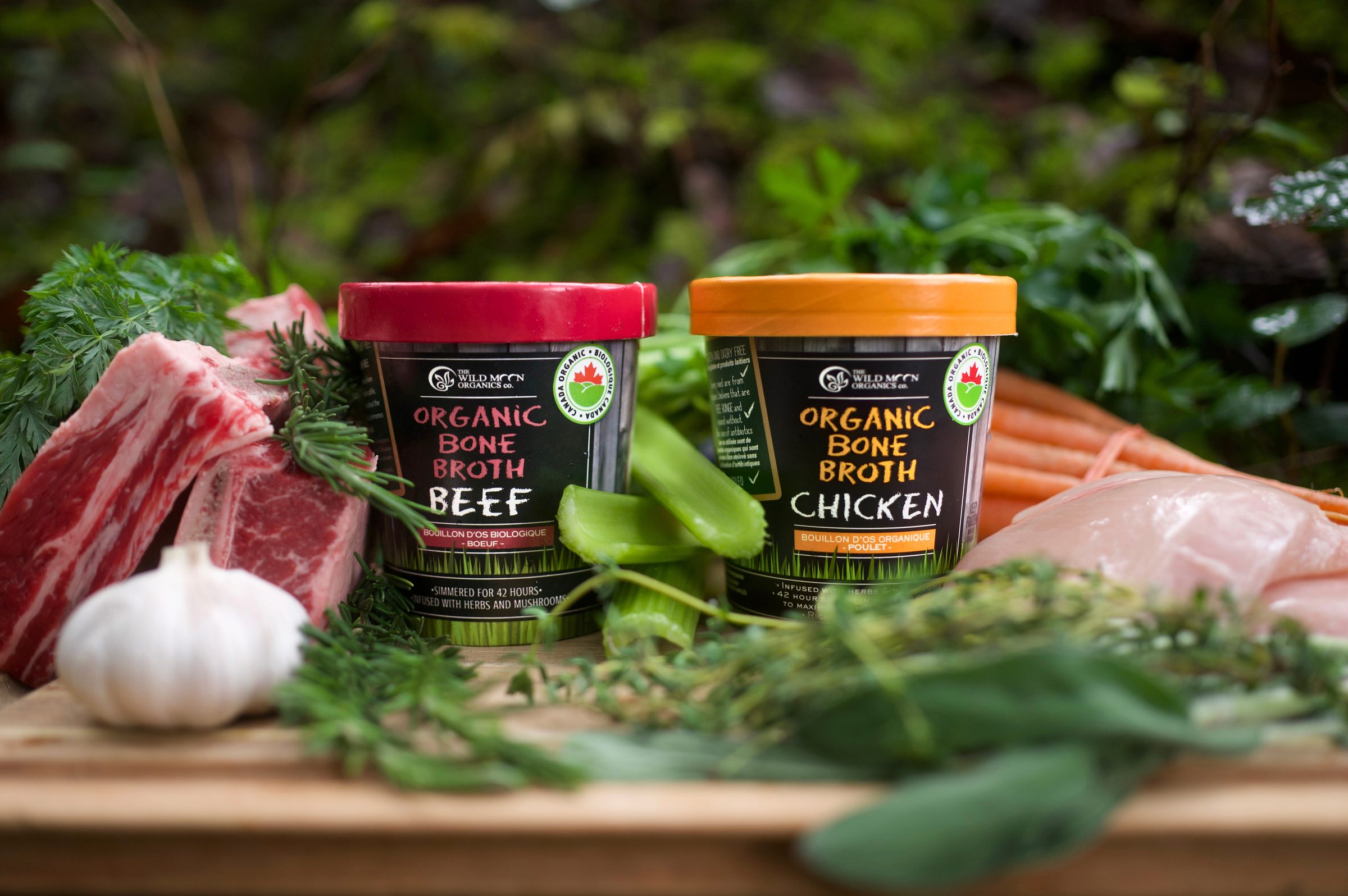 Wild Moon Organics beef and chicken bone broth with bones, herbs, and vegetables